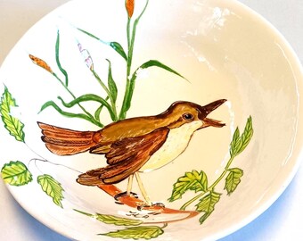 Small Porcelain Ceramic Bowl with Bird in Reeds