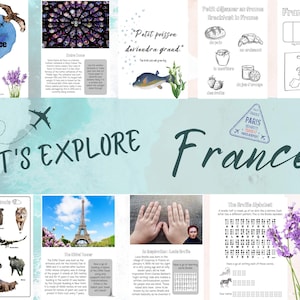 Könnte beinhalten: Ein buntes, druckbares Aktivitätsheft für Kinder, um mehr über Frankreich zu lernen. Das Heft enthält Bilder vom Eiffelturm, Croissants und Lavendelfeldern. Der Text "Let's Explore France" ist auf dem Cover abgebildet.