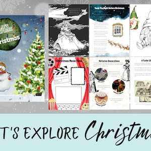 Op de afbeelding: Een kleurrijk, printbaar activiteitenboekje met de titel "Let's Explore Christmas" met illustraties van een sneeuwpop, een kerstboom, een kasteel, een raam, een gnome en een Tudor kerstmaal.