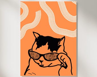 Cool Cat Line Art Print | Trendy Sunglasses, Coral Aesthetic (Digital Download)