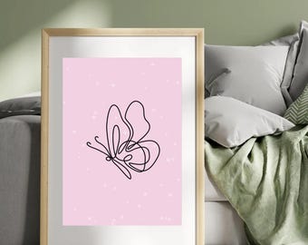 Minimalist Butterfly Line Art Print | Pink Wall Decor (Digital Download)