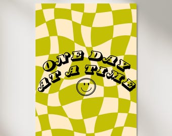 Retro "One Day at a Time" Print | Smiley Face Wall Art (Digital Download)