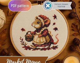 Patrón de punto de cruz de ratón de mercado – Otoño acogedor (PDF) – Bordado de animales estilo cottagecore – Descarga instantánea
