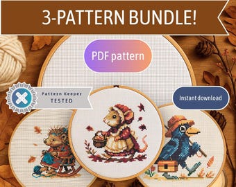 Woodland Animals Cross Stitch Pattern Bundle: Market Mouse, Knitting Needles, Gone Fishin' (PDF)