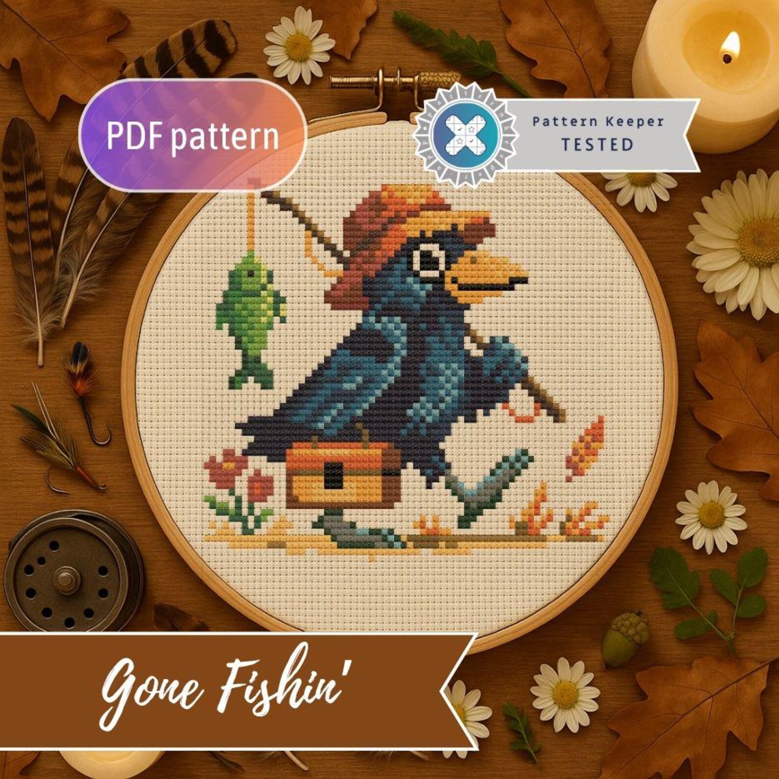 Gone Fishin' Cross Stitch Pattern – Whimsical Bird PDF – Cottagecore ...