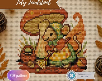Patrón de punto de cruz "Tidy Toadstool": Ratón otoñal bordado (Descargar PDF)