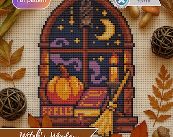 Hexenfenster Kreuzstich-Muster: Gruselige Halloween Dekoration (PDF Download)