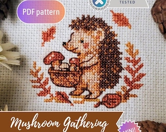 Mushroom Gathering Cross Stitch Pattern – Mini Woodland Hedgehog PDF – Cottagecore Instant Download