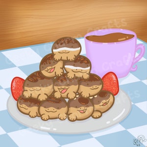 Pode incluir: Um prato de doces recheados com chocolate e creme em forma de tartarugas, com uma xícara de chocolate quente e dois morangos.