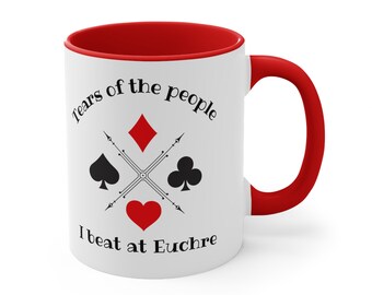 Euchre ceramic cup, card game fun mug, custom euchre gift, personalized card game cup, card game gift Christmas euchre play