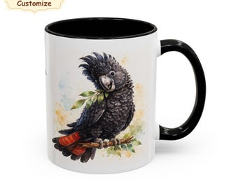 Black cockatoo custom parrot mug, Bird lover gift, Personalised present parrots lover cup, red-tailed black Cockatoos art, Christmas parrot