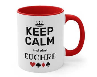 Keep calm and play euchre, Funny custom mug, euchre game lover gift idea, euchre present, personalized euchre cup