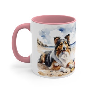 Shetland Sheepdog mug, Custom Sheltie Coffee cup beach theme, Love dogs, Mug for dog lover, Personalized Sheltie puppy gift, Shetland breed