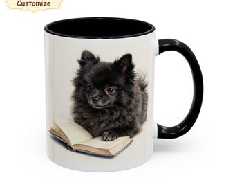 Black Pomeranian mug book lover, custom dog lover gift Christmas, Personalized Pommy dad, love pomeranians, dog parent, reading
