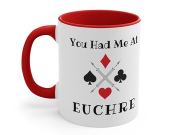 Fun Euchre coffee cup, gift idea card game fun present, custom euchre gift, personalized card game cup, card game gift Christmas euchre play