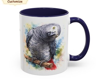 Custom African grey parrot mug, Bird lover gift, Personalised present parrots lover, bird parent cup, Congo grey parrot Christmas gift