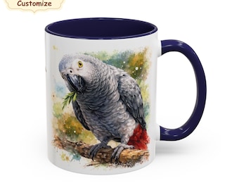 Custom African grey parrot mug, Bird lover gift, Personalised present parrots lover, bird parent cup, Congo grey parrot Christmas gift