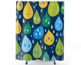 Blue Green and Yellow Raindrops Cute Bathroom Decor Shower Curtains