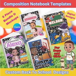 Peut inclure: Plusieurs cahiers de composition avec des designs personnalisés pour la rentrée scolaire. Les cahiers présentent des illustrations de dessins animés d'enfants, de bus scolaires et de thèmes sportifs. Le texte comprend des noms tels que "Kennedi", "Alexa" et "Jimmy", ainsi que les phrases "Composition Notebook Templates" et "Custom Back To School Designs."