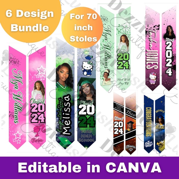 70 inch Graduation stole design bundle, editable done for you in custom CANVA Template, class of 2024, custom, plr