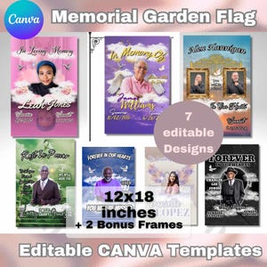 Può includere: Sette modelli di bandiere da giardino commemorative modificabili su Canva. Ogni modello presenta un design diverso con un segnaposto per una foto, testo per nomi e date e un messaggio commemorativo. I modelli misurano 12x18 pollici e includono due cornici bonus.