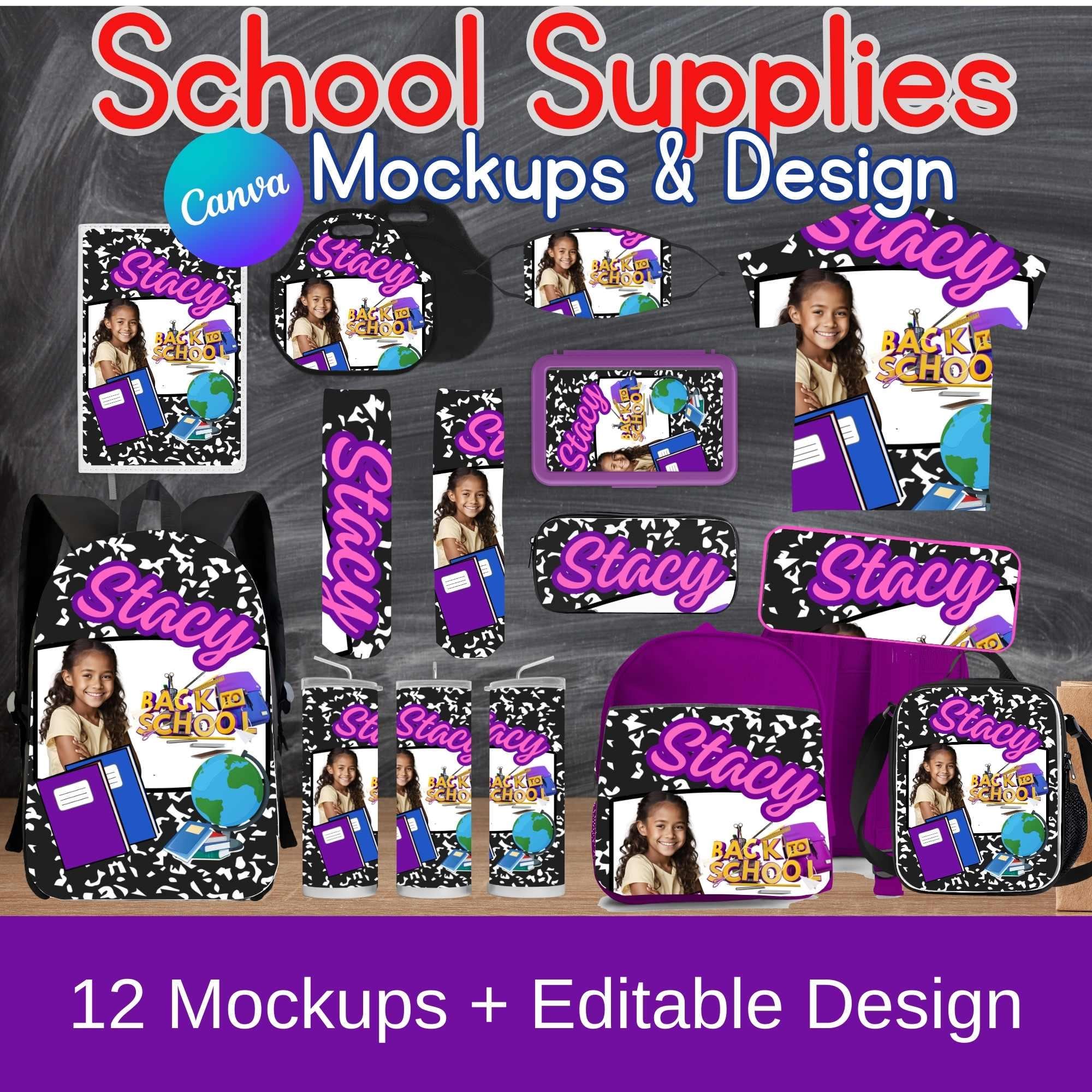 Back to school mockup bundle, Editable Canva design for Custom school supplies purple design template