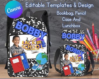 Back to School Canva Template Bundle, Bookbag, Lunchbag, Pencil Case (Digital Download)