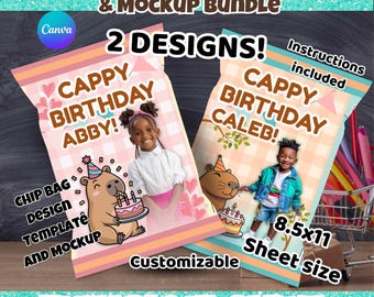 Capybara Birthday Chip Bag Template, Editable Party Favor (Digital Design Bundle)