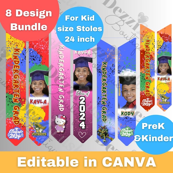 Kindergarten and pre-K kids Graduation stole design bundle, editable done for you in CANVA Template, class of 2024, custom, plr