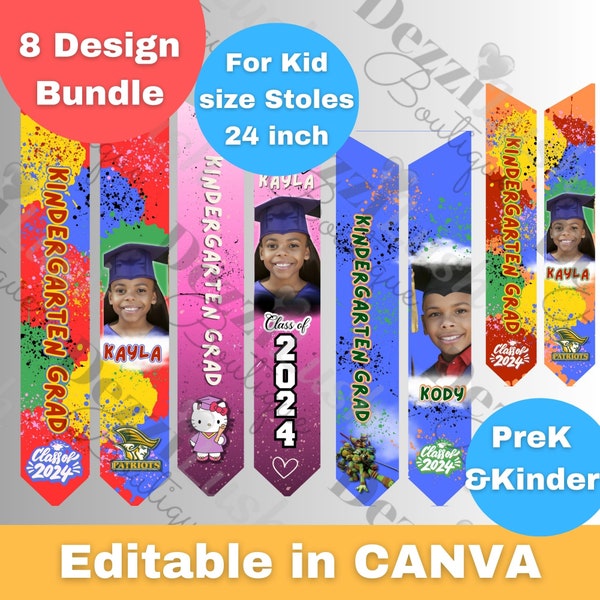 Kindergarten and pre-K kids Graduation stole design bundle, editable done for you in CANVA Template, class of 2024, custom, plr