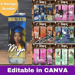 Pacote de design de copo fino de formatura de 20 onças, editável feito para você em CANVA, turma de 2024, sublimação, plr
