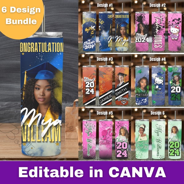 Graduation 20oz skinny tumbler design bundle, editable done for you in CANVA, class of 2024, sublimation, plr