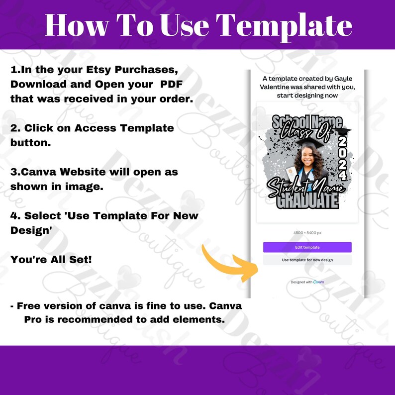 May include: A Canva template for a graduation announcement. The template features a black and white photo of a graduate with a cap and gown, a school name, the year 2024, and the text "Student Name GRADUATE". The template is 4500 x 5400 pixels and can be edited in Canva.