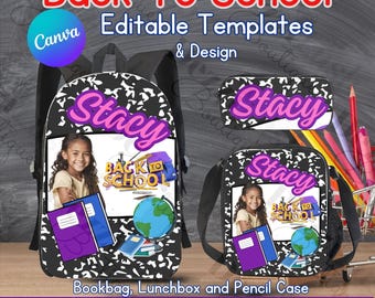 May include: Three customizable school supply templates featuring a black and white notebook pattern with a girl's photo, the name "Stacy", and the text "Back to School". The templates include a backpack, lunchbox, and pencil case.