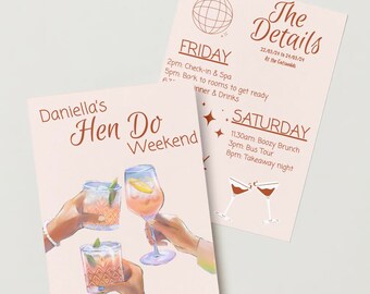 Puede incluir: Dos tarjetas rosas con texto marrón. La tarjeta superior tiene un gráfico de bola de discoteca y el texto "The Details" con las fechas "22/03/24 al 24/03/24" y "At the Cotswolds". La tarjeta inferior tiene el texto "Daniella's Hen Do Weekend" con un gráfico de tres manos sosteniendo vasos de cócteles. El texto "FRIDAY" y "SATURDAY" se enumera con un programa de eventos para cada día.