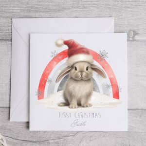 Tarjeta de Navidad personalizada, Papá Noel, Mi primera tarjeta de Navidad, Primera Navidad del bebé, Conejito de Navidad, Tarjeta de Navidad 2023