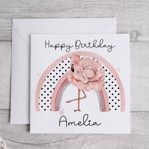Tarjeta personalizada Happy Birthday Flamingo Rainbow