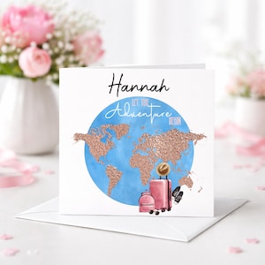Tarjeta personalizada «Que comience la aventura» / Felicitaciones para amantes de los viajes / Tarjeta para año sabático / Tarjeta para mochileros / Tarjeta con nombre personalizado / Regalo para viajeros