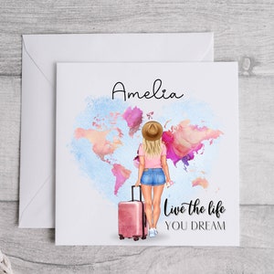 Cartão personalizado Viva a vida que você sonha, viagens, boa viagem, ano sabático, presentes de viagem para ela, cartões personalizados, aventura aguarda