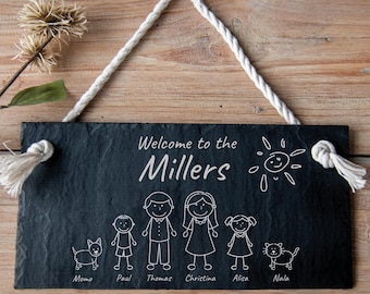 Personalisiertes Schieferschild mit Gravur – Familienname & Wunschfiguren – Türschild mit Kordel, Geschenk Hochzeit, Geburt, Weihnachten