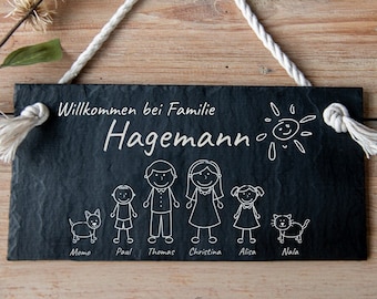 Door sign family, personalized name plate slate with cord, door sign with figures, wedding gift, door decoration, 30 x 15 cm