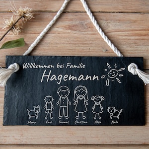Door sign family, personalized name plate slate with cord, door sign with figures, wedding gift, door decoration, 30 x 15 cm image 1