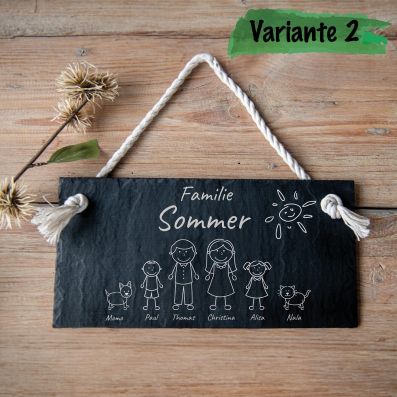 Door sign family, personalized name plate slate with cord, door sign with figures, wedding gift, door decoration, 30 x 15 cm Variante 2