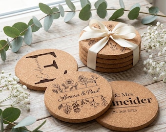 Personalisierte Untersetzer aus Kork mit Gravur – Name & Datum – Hochzeitsgeschenk, Gastgeschenk Hochzeit, Korkuntersetzer