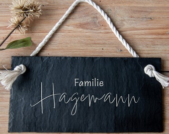Türschild Schiefer Familie mit Kordel, personalisiertes Türschild, Schieferschild, Hochzeitsgeschenk, 30 x 15 cm