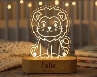 Personalisiertes Nachtlicht Baby mit Namen – LED Tier Lampe aus Holz mit Akku, Geschenk zur Geburt, Taufe & Geburtstag, mit Akku und Dimmbar