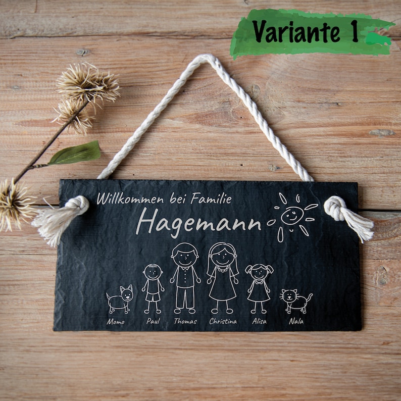 Door sign family, personalized name plate slate with cord, door sign with figures, wedding gift, door decoration, 30 x 15 cm Variante 1
