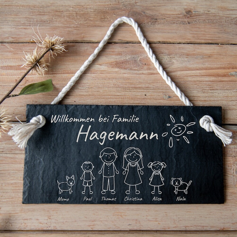 Door sign family, personalized name plate slate with cord, door sign with figures, wedding gift, door decoration, 30 x 15 cm image 1