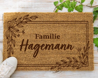 Doormat personalized with name | Doormat for families | Family name in flower frame | Wedding gift | Coconut mat | 60 x 40 cm