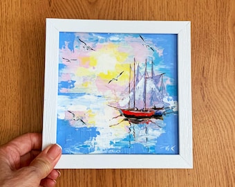 Original Sailboat Painting: Impasto Seascape Art (6x6 in)